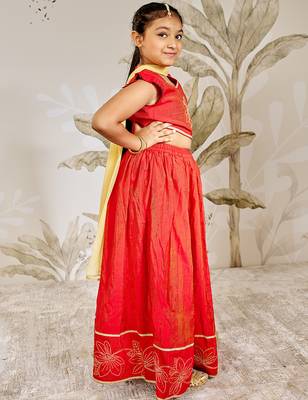 girls traditional red silk lehenga set with thread embroidery  4