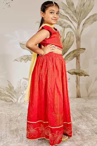 girls traditional red silk lehenga set with thread embroidery 