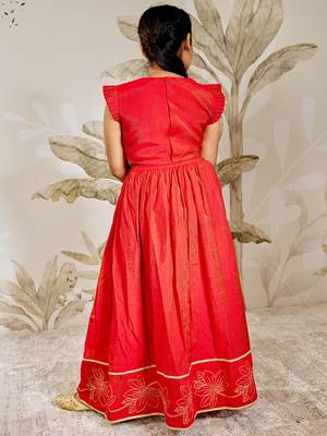 girls traditional red silk lehenga set with thread embroidery  5