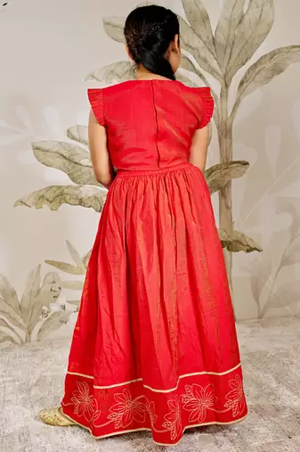 girls traditional red silk lehenga set with thread embroidery 