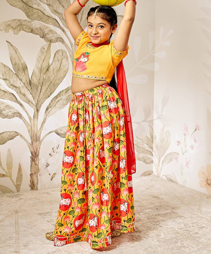 mustard & red girls lehenga set 
