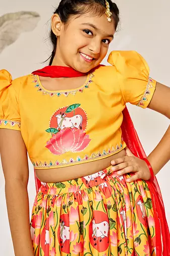 mustard & red girls lehenga set 