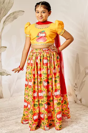 mustard & red girls lehenga set 