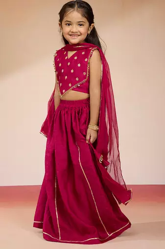 girls rani pink satin lehenga set with embroidery
