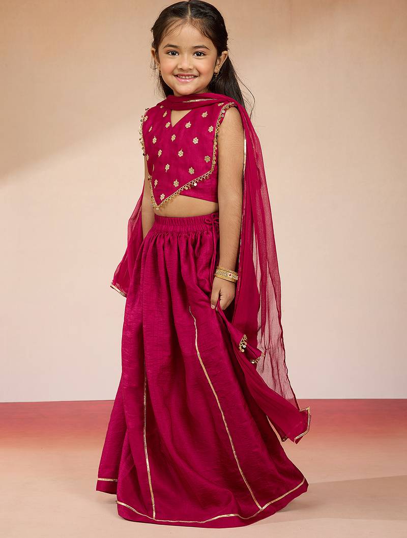 girls rani pink satin lehenga set with embroidery