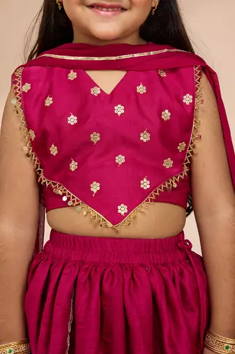 girls rani pink satin lehenga set with embroidery
