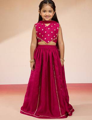girls rani pink satin lehenga set with embroidery 3