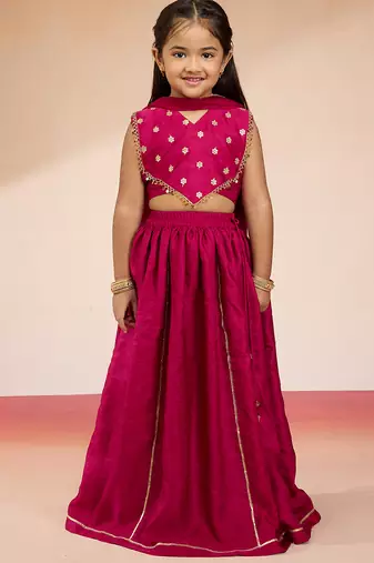 girls rani pink satin lehenga set with embroidery
