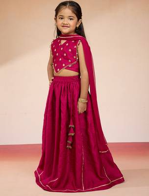 girls rani pink satin lehenga set with embroidery 4