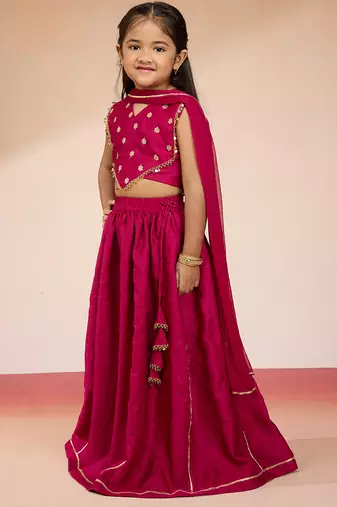 girls rani pink satin lehenga set with embroidery