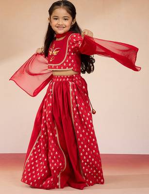  girls red lehenga set with zari embroidery 2