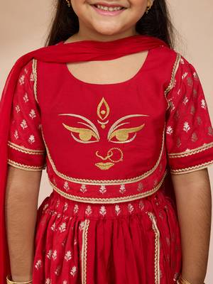  girls red lehenga set with zari embroidery 3