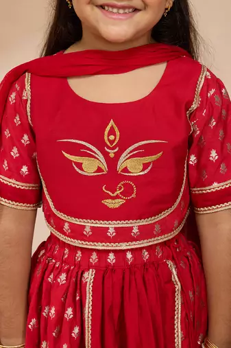  girls red lehenga set with zari embroidery