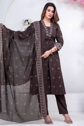 Floral embroidered black round neck kurat set with trouser & dupatta