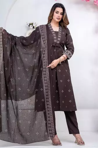 Floral embroidered black round neck kurat set with trouser & dupatta