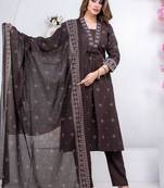 Floral embroidered black round neck kurat set with trouser & dupatta