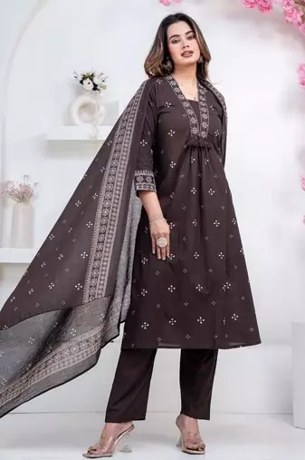 Floral embroidered black round neck kurat set with trouser & dupatta