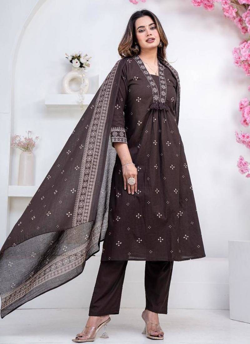 Floral embroidered black round neck kurat set with trouser & dupatta