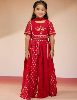  girls red lehenga set with zari embroidery 1