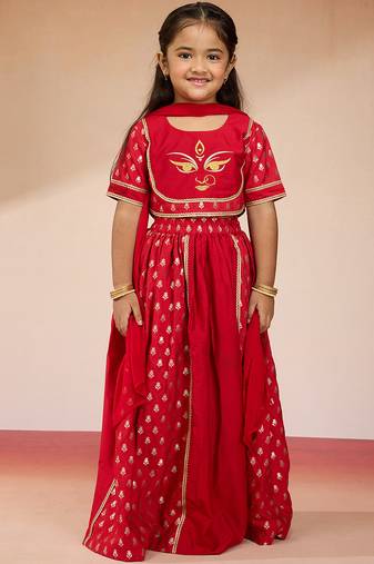  girls red lehenga set with zari embroidery