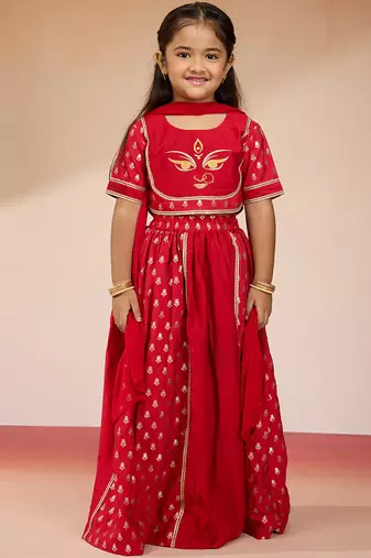  girls red lehenga set with zari embroidery