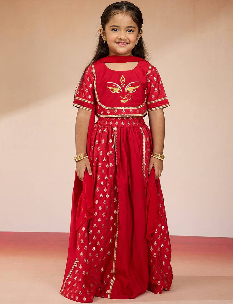  girls red lehenga set with zari embroidery