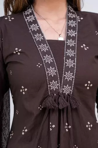 Floral embroidered black round neck kurat set with trouser & dupatta