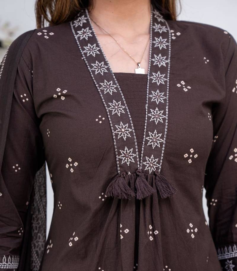 Floral embroidered black round neck kurat set with trouser & dupatta