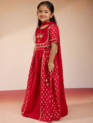  girls red lehenga set with zari embroidery 4