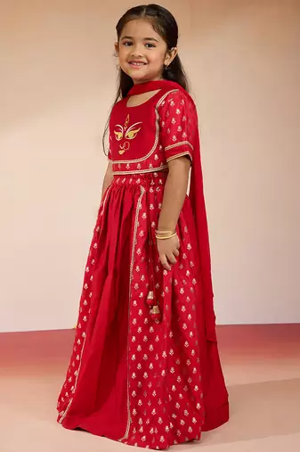  girls red lehenga set with zari embroidery