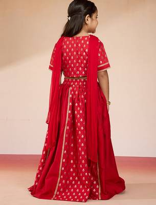  girls red lehenga set with zari embroidery 5