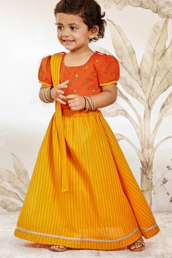  girls traditional orange cotton lehenga set with duppata