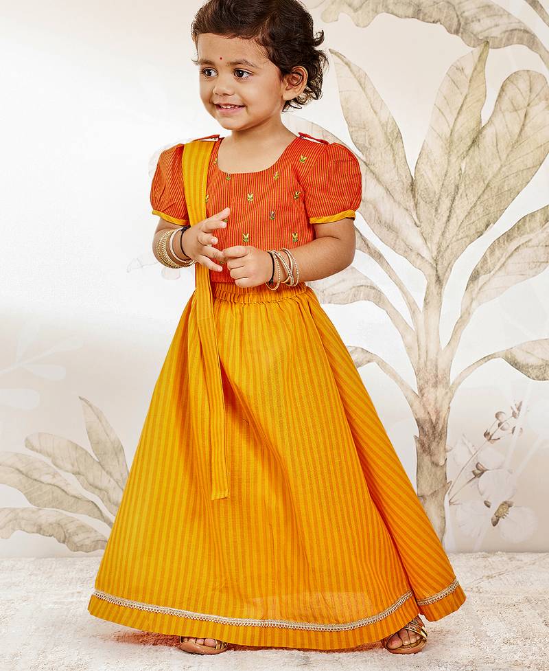 girls traditional orange cotton lehenga set with duppata