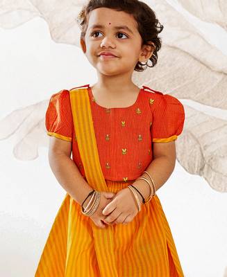  girls traditional orange cotton lehenga set with duppata 2