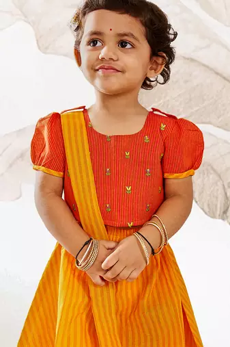 girls traditional orange cotton lehenga set with duppata