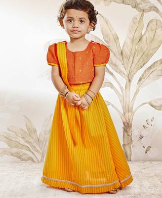  girls traditional orange cotton lehenga set with duppata 3