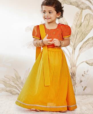  girls traditional orange cotton lehenga set with duppata 4
