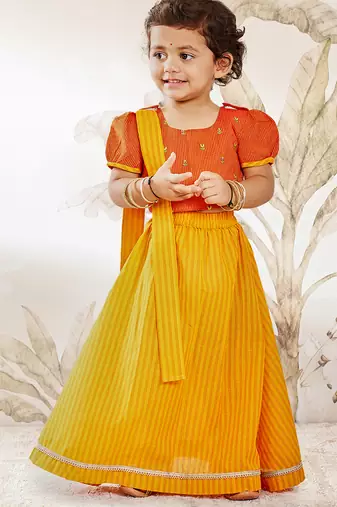  girls traditional orange cotton lehenga set with duppata