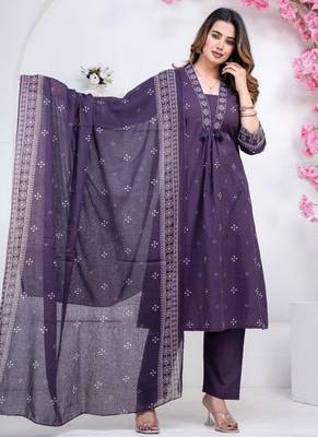 Floral embroidered blue round neck kurat set with trouser & dupatta 1