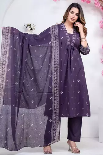 Floral embroidered blue round neck kurat set with trouser & dupatta