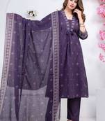 Floral embroidered blue round neck kurat set with trouser & dupatta