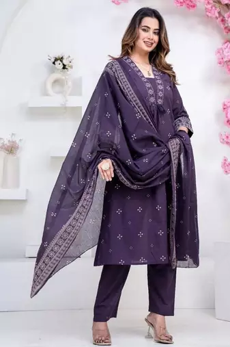 Floral embroidered blue round neck kurat set with trouser & dupatta