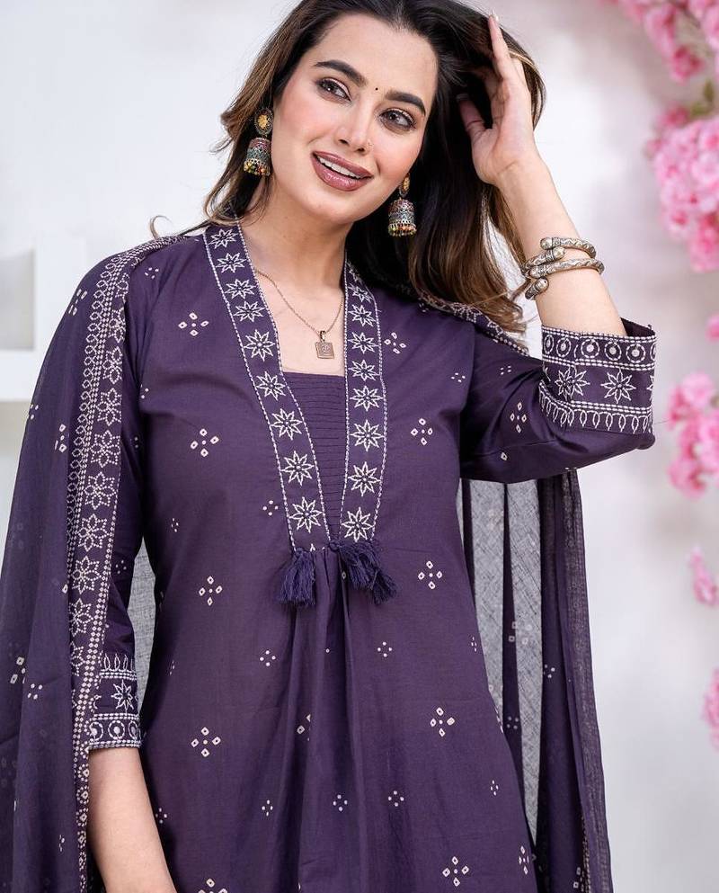 Floral embroidered blue round neck kurat set with trouser & dupatta