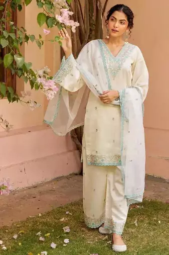 Floral embroidered white v neck kurat set with trouser & dupatta