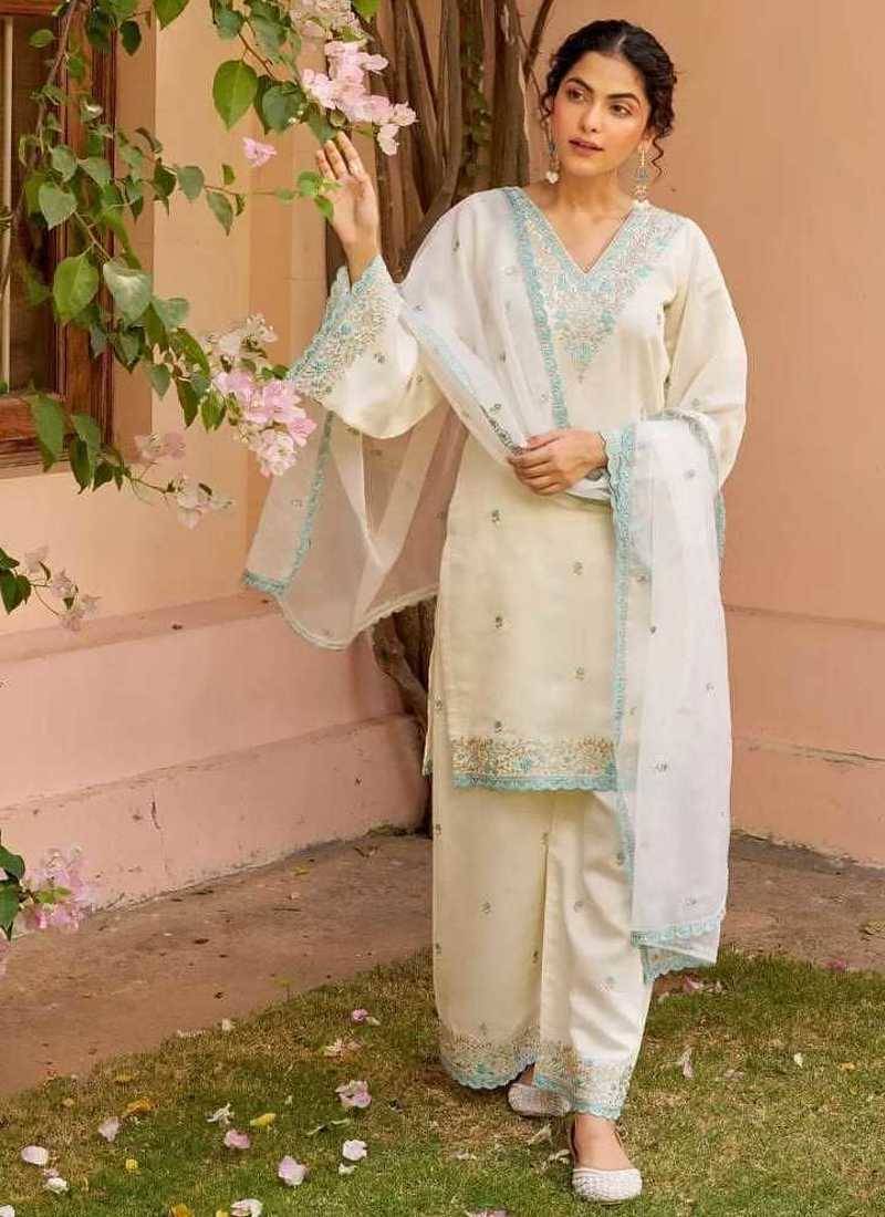 Floral embroidered white v neck kurat set with trouser & dupatta