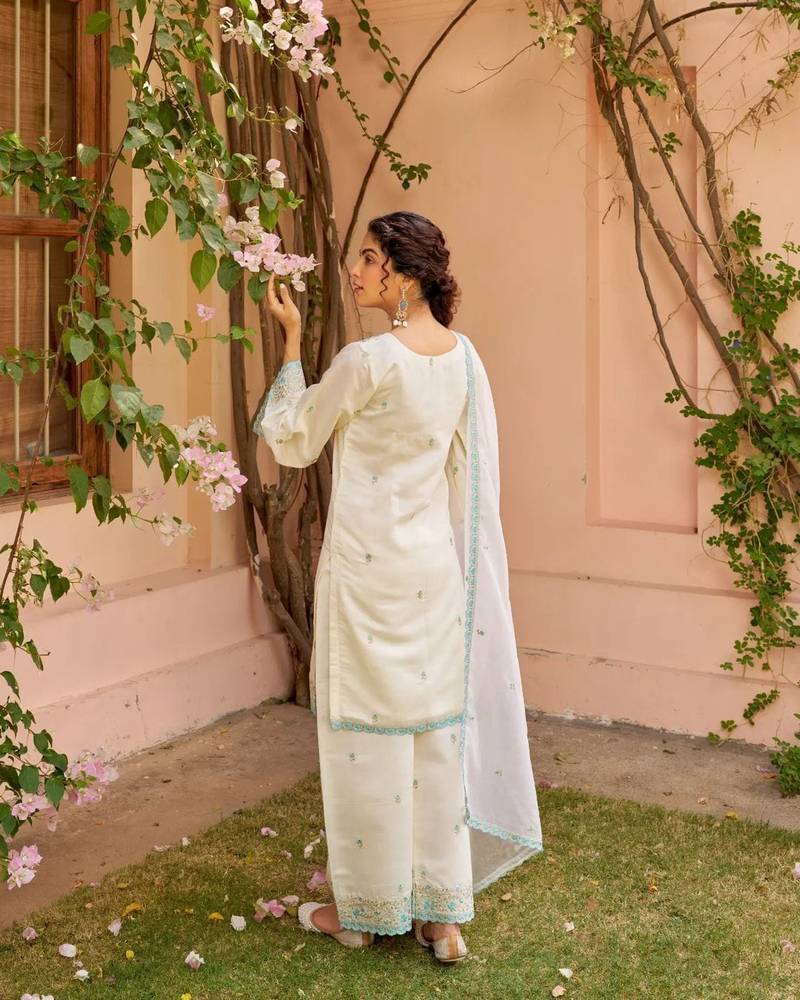 Floral embroidered white v neck kurat set with trouser & dupatta