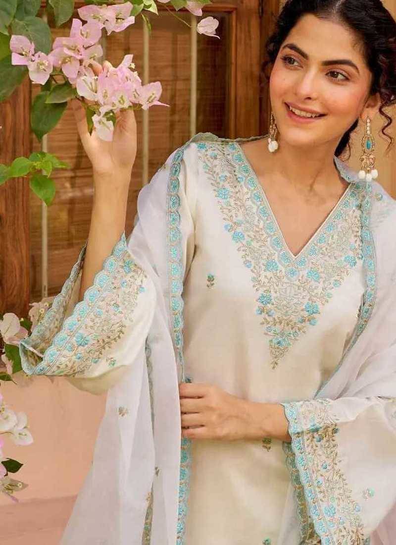 Floral embroidered white v neck kurat set with trouser & dupatta