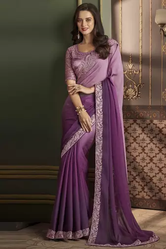 Majestic purple dual shaded silk embellished saree with embroidered satin silk blouse