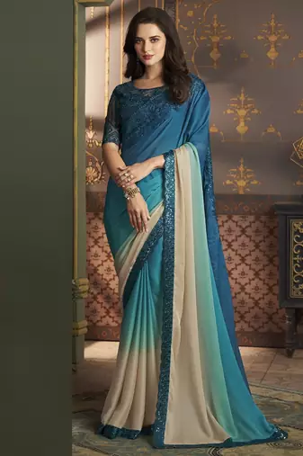 Blue embroidered silk shaded saree with banglori silk blouse