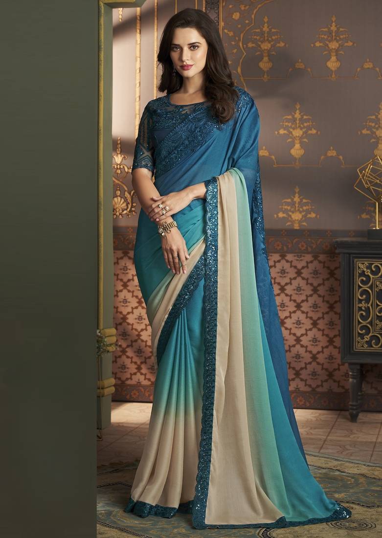 Blue embroidered silk shaded saree with banglori silk blouse